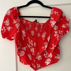 Dynamite Red Floral Puff-Sleeve Blouse
